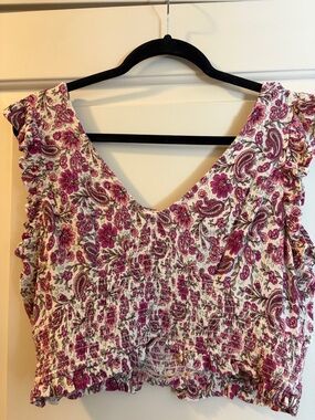 Women's Floral Smocked Crop Top - Pink White Size Large